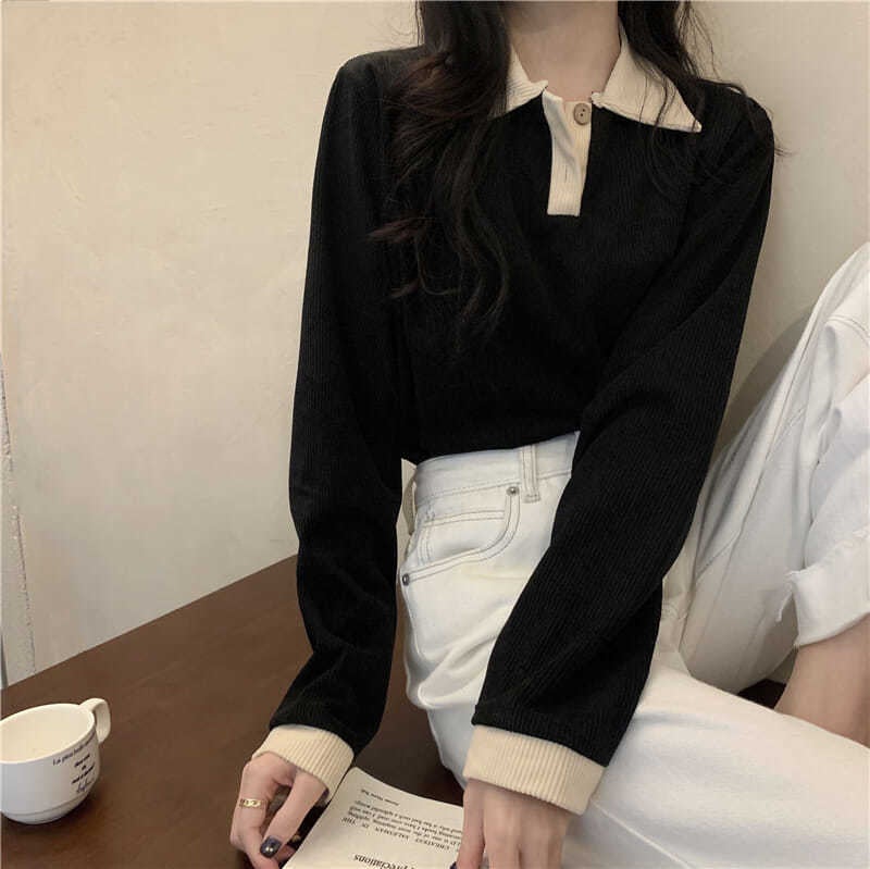 بلوزة كورية رفيعة بطوق رقيق بأكمام طويلة فضفاضة نسائية سوداء خريفية  - Image 5