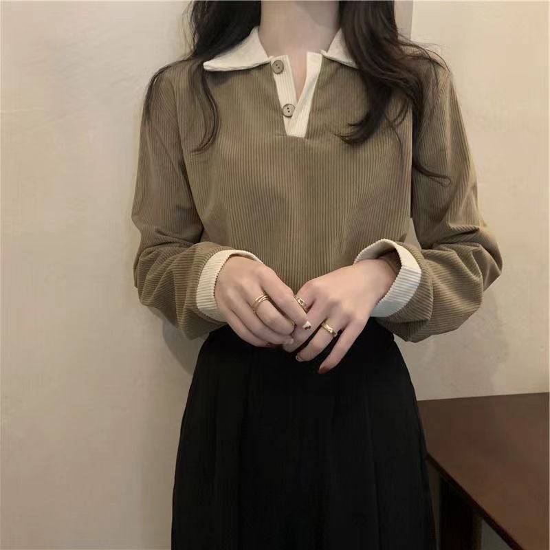 بلوزة كورية رفيعة بطوق رقيق بأكمام طويلة فضفاضة نسائية سوداء خريفية  - Image 4