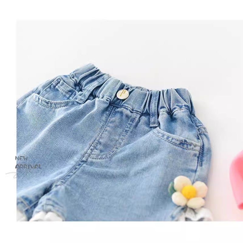 Baby And Toddler Girls' Sweet Shorts, Lace-Trimmed Floral Thin Denim Pants - Image 3