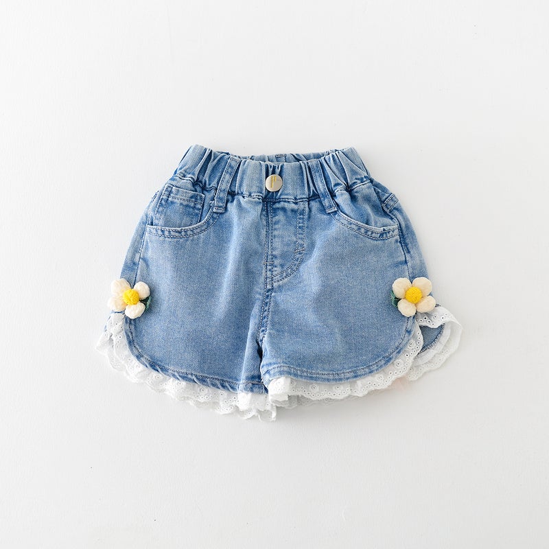 Baby And Toddler Girls' Sweet Shorts, Lace-Trimmed Floral Thin Denim Pants - Image 1