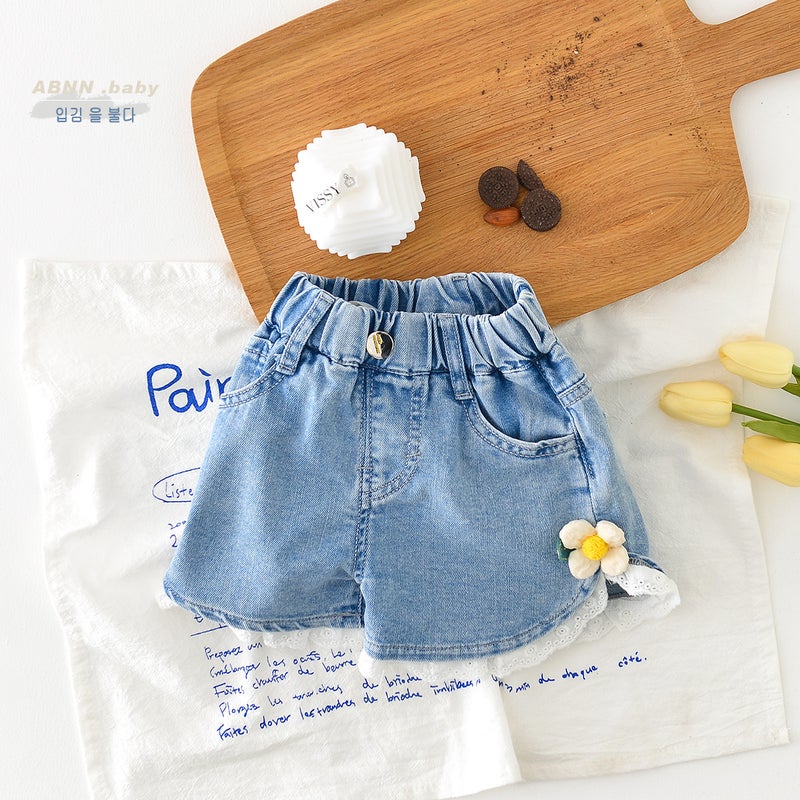 Baby And Toddler Girls' Sweet Shorts, Lace-Trimmed Floral Thin Denim Pants - Image 4