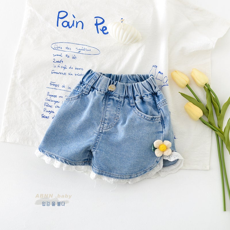 Baby And Toddler Girls' Sweet Shorts, Lace-Trimmed Floral Thin Denim Pants - Image 5