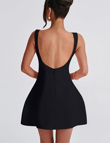 YMDUCH Women's Sexy Sleeveless Crew Neck Backless A-line Party Short Mini Dress Black - Image 2
