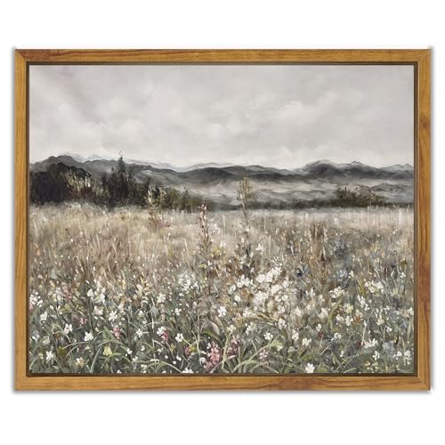 SHENIFY Vintage Landscape Framed Canvas Wall Art Prairie in Full Bloom Classic Oil Painting Modern Farmhouse Kitchen Office Decor - 8x10in Natural Framed - Image 1