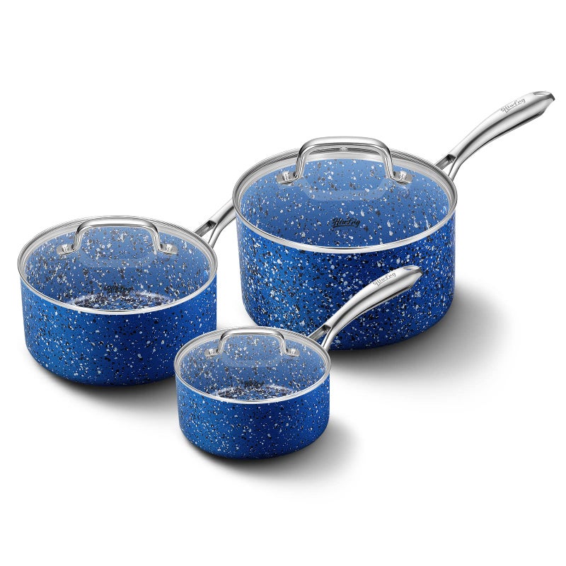 HLAFRG HLAFRG Nonstick Premium 3Piece Saucepan Set with Glass Lids Natural Durable Granite Coating Nonstick Durable  Oven Safe to 450F 123QT Blue