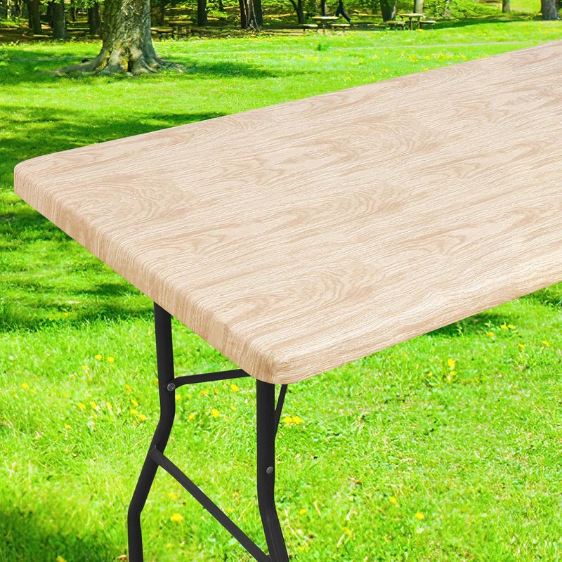 smiry Rectangle Picnic Tablecloth, Waterproof Elastic Fitted Table Covers for 8 Foot Tables, Wipeable Flannel Backed Vinyl Tablecloths for Camping, Indoor, Outdoor (Beige, 30x96 Inches) - Image 1