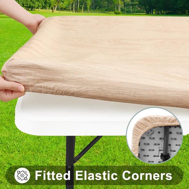 smiry Rectangle Picnic Tablecloth, Waterproof Elastic Fitted Table Covers for 8 Foot Tables, Wipeable Flannel Backed Vinyl Tablecloths for Camping, Indoor, Outdoor (Beige, 30x96 Inches) - Image 2