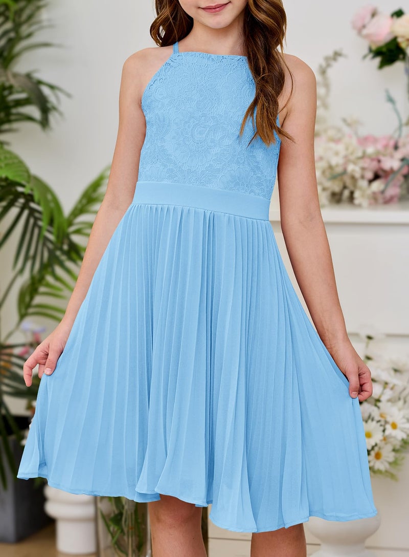 HOSIKA Girls Dresses Summer Sleeveless Flower Lace Wedding Guest Chiffon Dress for 6-12 Y - Image 3