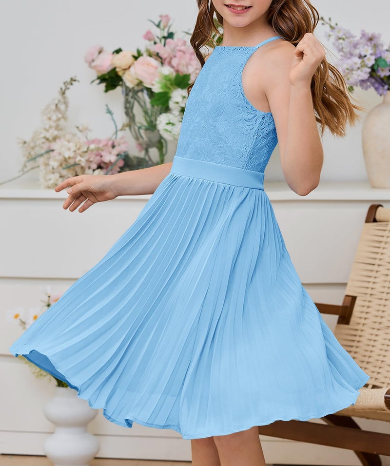 HOSIKA Girls Dresses Summer Sleeveless Flower Lace Wedding Guest Chiffon Dress for 6-12 Y - Image 5
