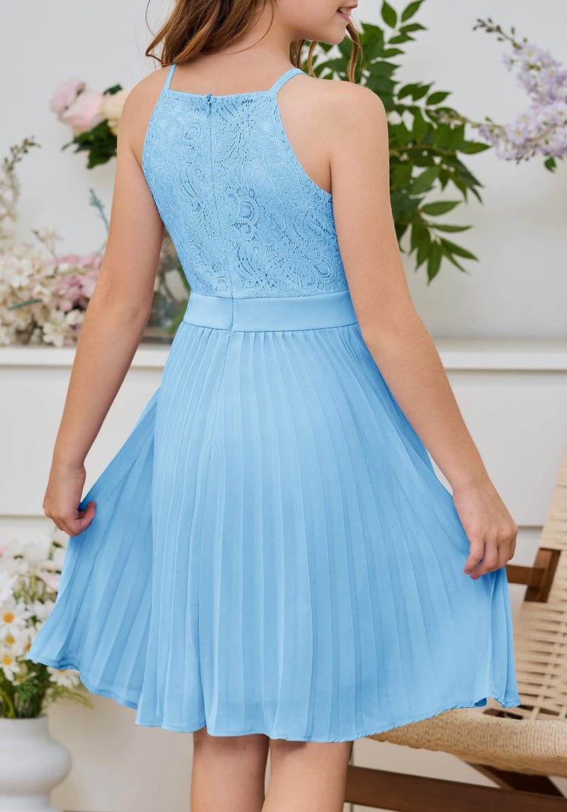 HOSIKA Girls Dresses Summer Sleeveless Flower Lace Wedding Guest Chiffon Dress for 6-12 Y - Image 4