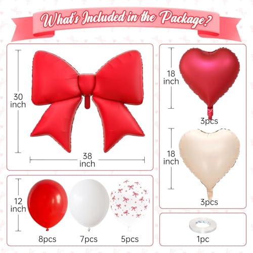 Vibzox Red Bow Foil BalloonsRed Cream White Heart Foil Balloons and Bow Print Balloons for Women Birthday Baby Shower Valentines Day Party Decorations - Image 5