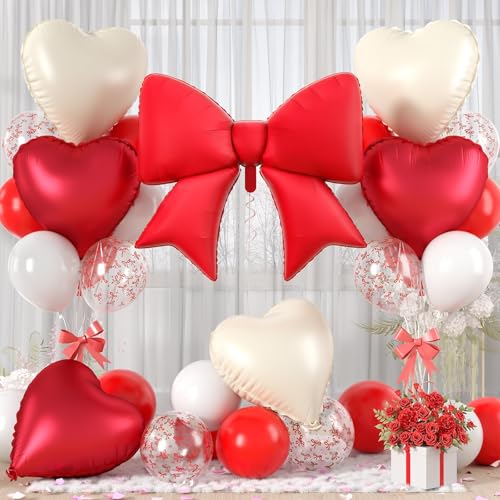 Vibzox Red Bow Foil BalloonsRed Cream White Heart Foil Balloons and Bow Print Balloons for Women Birthday Baby Shower Valentines Day Party Decorations - Image 1