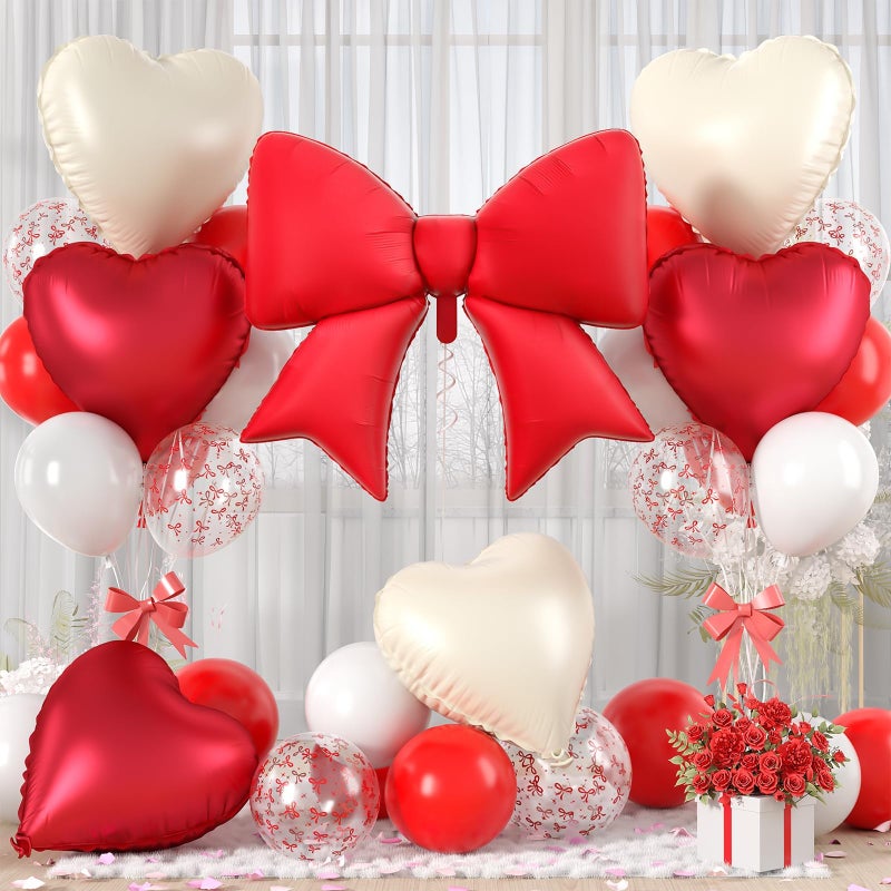 Vibzox Red Bow Foil BalloonsRed Cream White Heart Foil Balloons and Bow Print Balloons for Women Birthday Baby Shower Valentines Day Party Decorations - Image 3