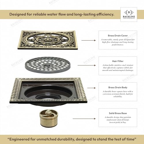 B Backline Brass Floor Drainer Bathroom Floor Water Drainer Bathroom Drain Grating with Anti-Foul Cockroach Trap 12 X 12 Cm (Antique Finish 5) - Image 3