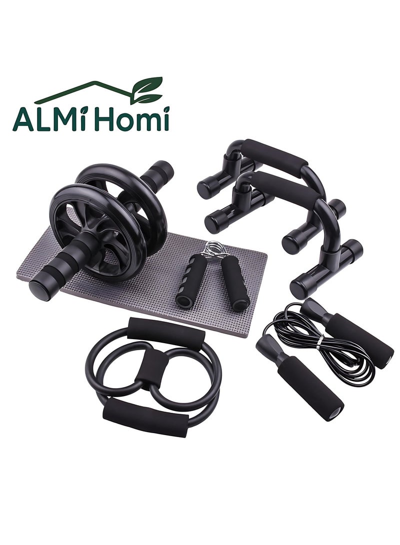ALMiHomi 6-Piece Home Gym Fitness Set – Ab Roller Wheel with Push-Up Bars, Jump Rope, Grip Strengthener & Knee Pad – Full Body Core & Abs Training Kit for Men and Women - Image 1