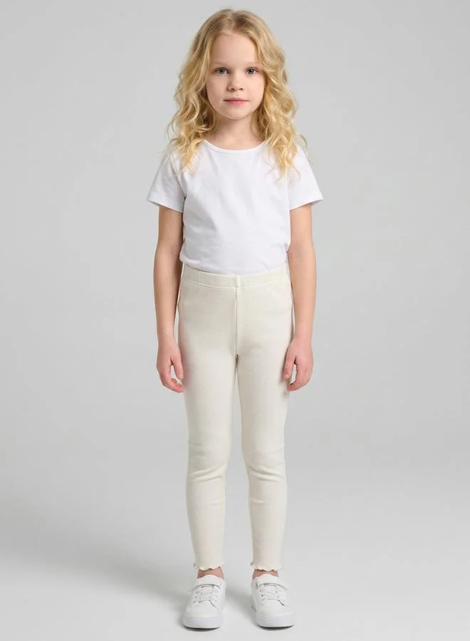 تايك تو Girls Cream Ribbed Full Length Leggings By Juniorloom
