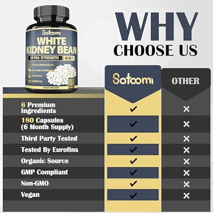 Satoomi 6in1 White Kidney Bean Extract Capsules - 6 Month Supply - Extra Blend with Olive Leaf, Green Coffee Bean & Green Tea - 180 Counts - Image 5