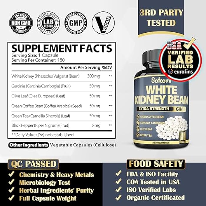 Satoomi 6in1 White Kidney Bean Extract Capsules - 6 Month Supply - Extra Blend with Olive Leaf, Green Coffee Bean & Green Tea - 180 Counts - Image 2