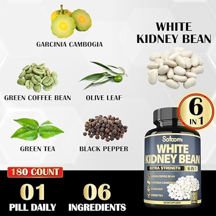 Satoomi 6in1 White Kidney Bean Extract Capsules - 6 Month Supply - Extra Blend with Olive Leaf, Green Coffee Bean & Green Tea - 180 Counts - Image 4
