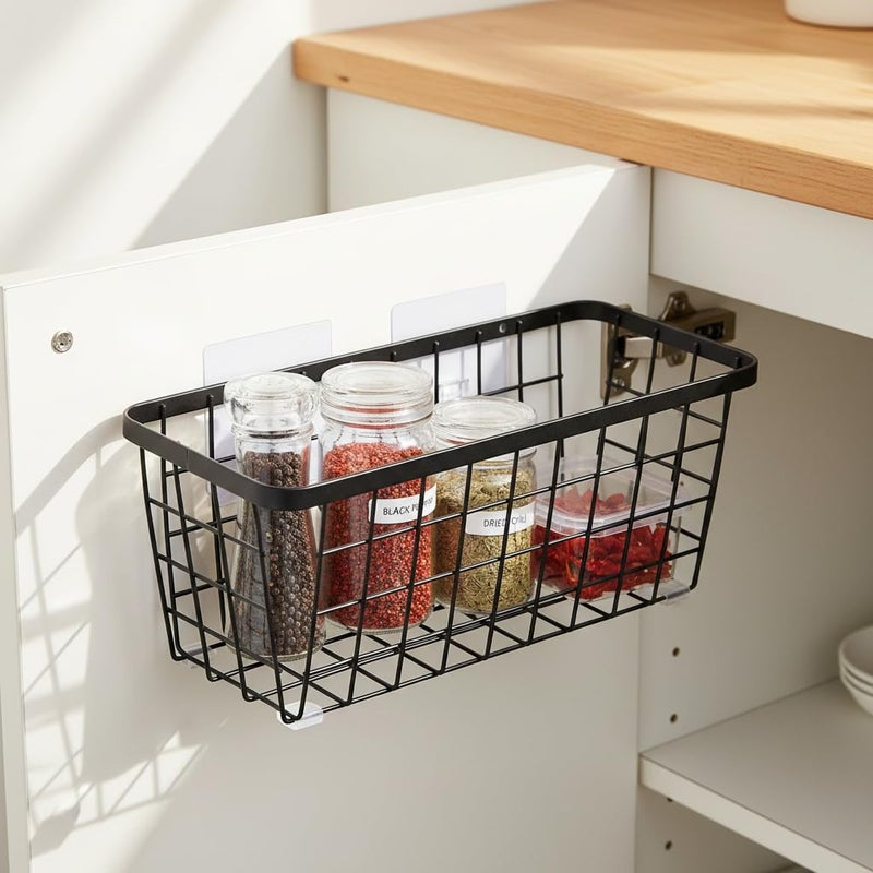 LeleCAT 2 Pack Hanging Wall Basket Organizer Over the Cabinet Door Wire Baskets for Organizing -Space-Saving Hanging Baskets for Organizing Wall Mount Storage,No Drilling Adhesive Wall Storage Basket, Black - Image 3
