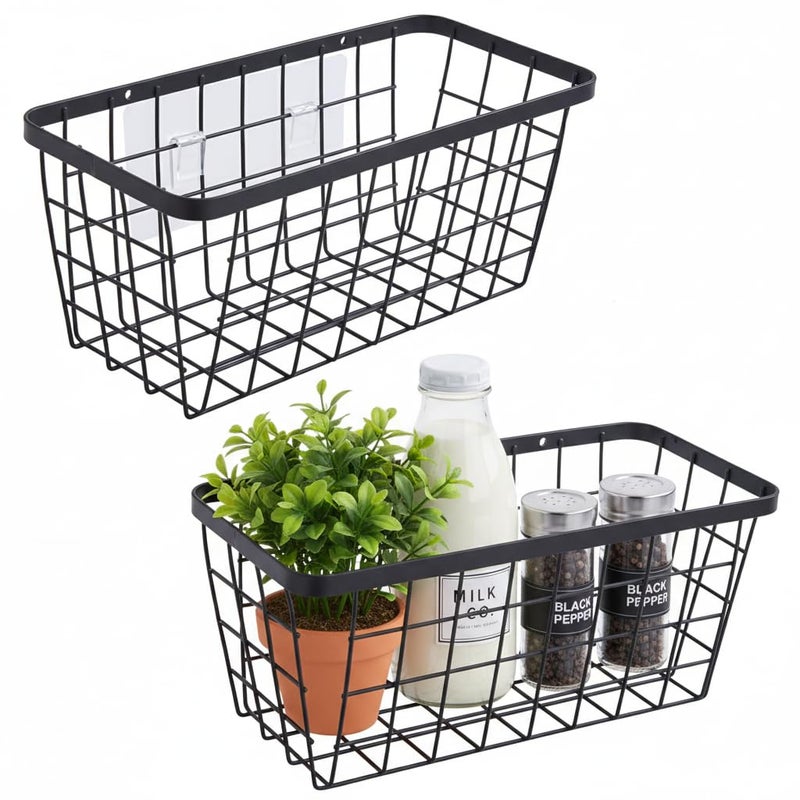 LeleCAT 2 Pack Hanging Wall Basket Organizer Over the Cabinet Door Wire Baskets for Organizing -Space-Saving Hanging Baskets for Organizing Wall Mount Storage,No Drilling Adhesive Wall Storage Basket, Black - Image 1