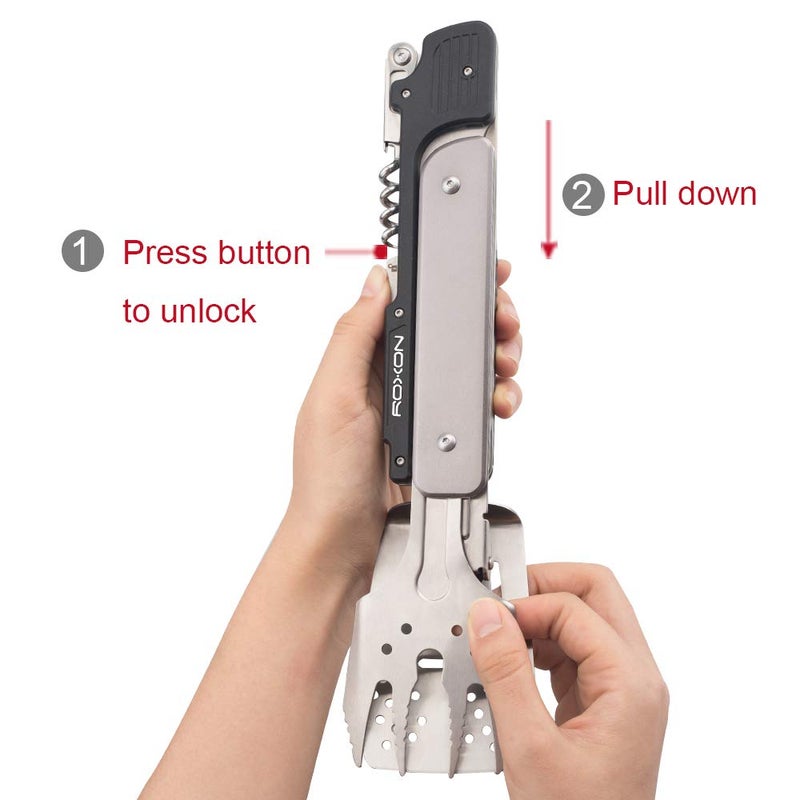 ROXON S601 14" 6 in 1 MBT3 Folding Grill Utensils Set Fork Spatula Grilling Knife Tongs Opener for Backyard Barbecue and Camping - Image 3