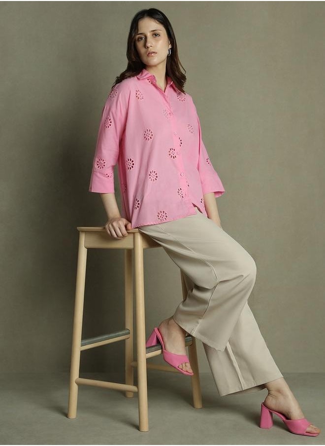 Dennis Lingo Pink Self-Design Shirt for Women - Relaxed Fit, Chic  - Image 1