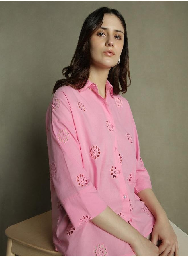 Dennis Lingo Pink Self-Design Shirt for Women - Relaxed Fit, Chic  - Image 5