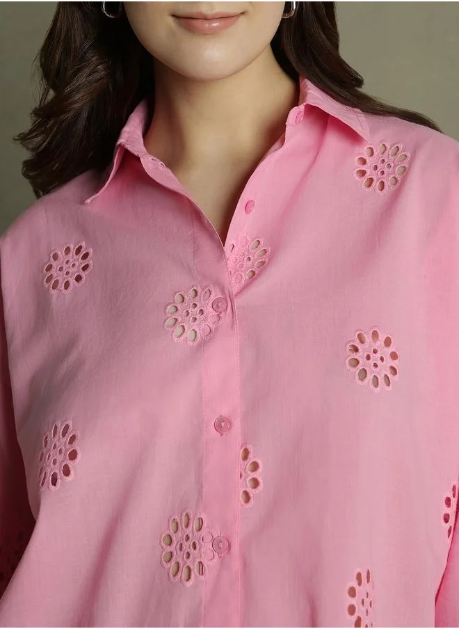 دينيس لينغو Pink Self-Design Shirt for Women - Relaxed Fit, Chic