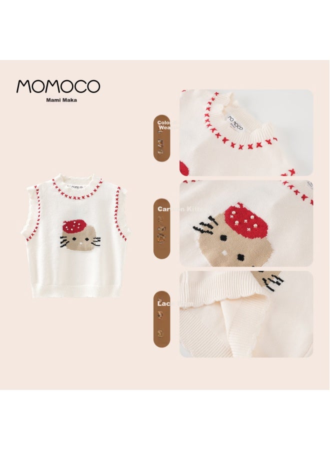 Momoco Girls' Vest Autumn Winter Inner Layer Sweet Stylish Cartoon Knit Vest Jacket White Apricot 110