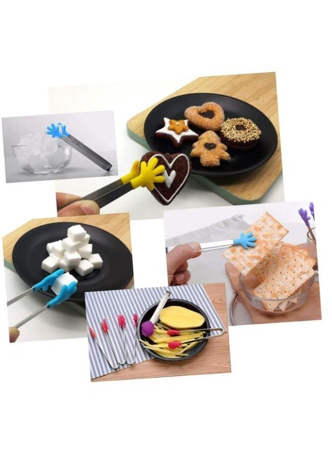 Small food serving tongs (5 in 1) stainless steel with silicone tips, various colors, for serving snacks. Practical kitchen tools for mixing salads and serving pastries and cakes - suitable for home use and celebrations. - Image 4