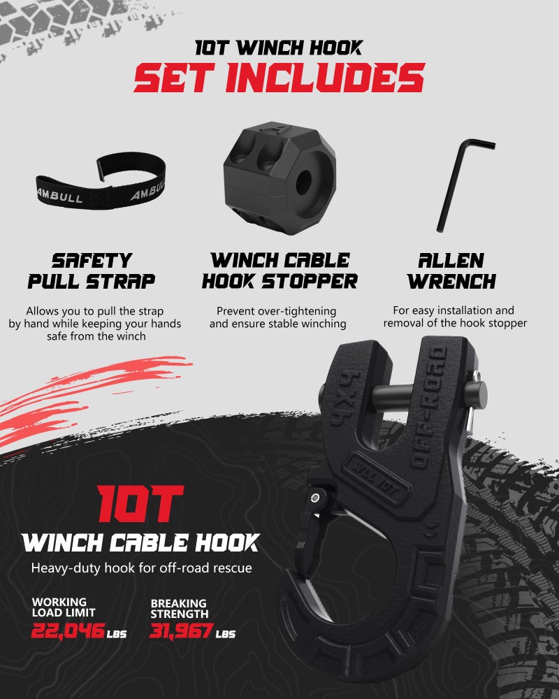 AMBULL 3/8" Winch Hook with Cable Stopper, 10T Winch Hook, Upgrade Heavy Duty Forged Steel Towing Winch Hook, 31967lbs Max Strength, Clevis Clip Hook Set for Synthetic Rope, Off-Road, Black - Image 3