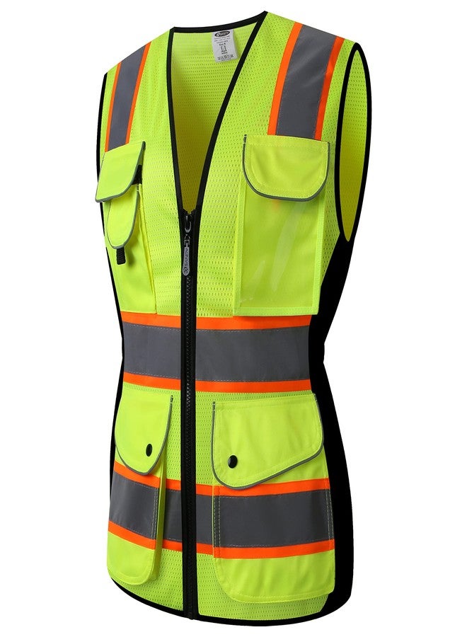 JKSafety 9 Pockets Women Hi-Vis Reflective Safety Vest | Mesh Neon Yellow | Reflective Strips with Orange Extended Trims | ANSI Compliant (168-Yellow, S) - Image 1