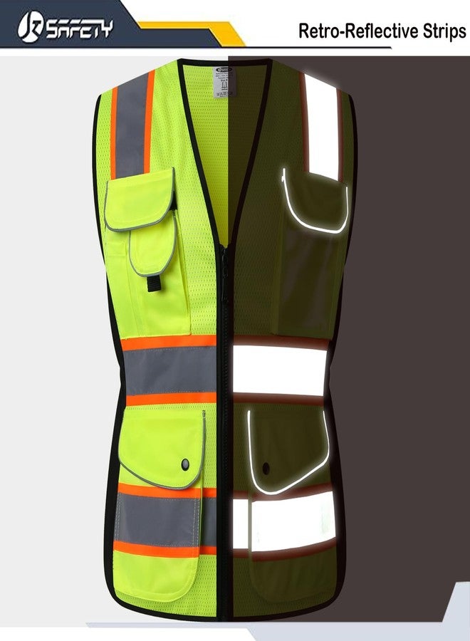 JKSafety 9 Pockets Women Hi-Vis Reflective Safety Vest | Mesh Neon Yellow | Reflective Strips with Orange Extended Trims | ANSI Compliant (168-Yellow, S) - Image 2