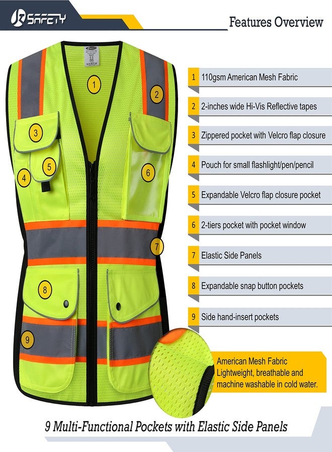 JKSafety 9 Pockets Women Hi-Vis Reflective Safety Vest | Mesh Neon Yellow | Reflective Strips with Orange Extended Trims | ANSI Compliant (168-Yellow, S) - Image 4