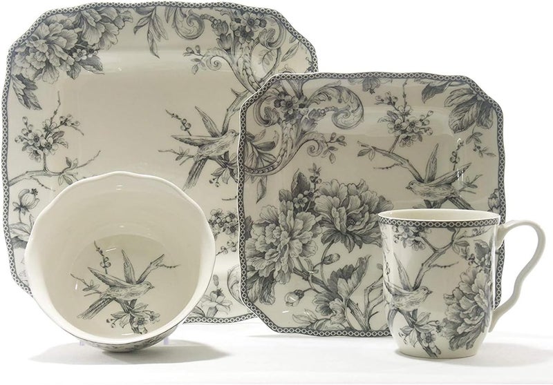 222 Fifth Adelaide 16Piece Square Floral Dinnerware Set  Service for 4 Grey  White Porcelain Plates  Bowls for Everyday Dining  Entertainment Microwave  Dishwasher Safe Chip Resistant - Image 1