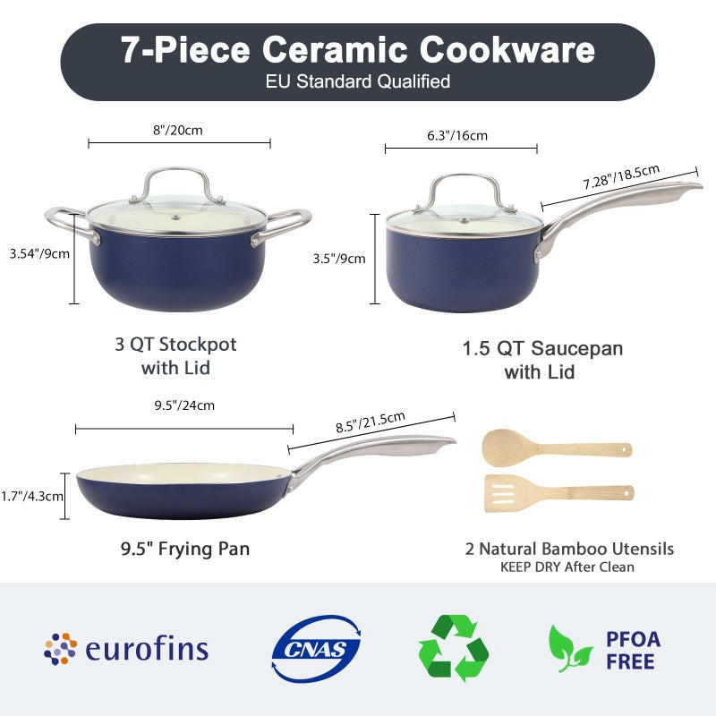 M MELENTA Pots and Pans Set, 7 Piece Nonstick Ceramic Cookware Set, Kitchen Induction Cookware Sets, Pots and Pans Non Stick with Oven Safe Handle, 100% PFOA Free, Blue - Image 2