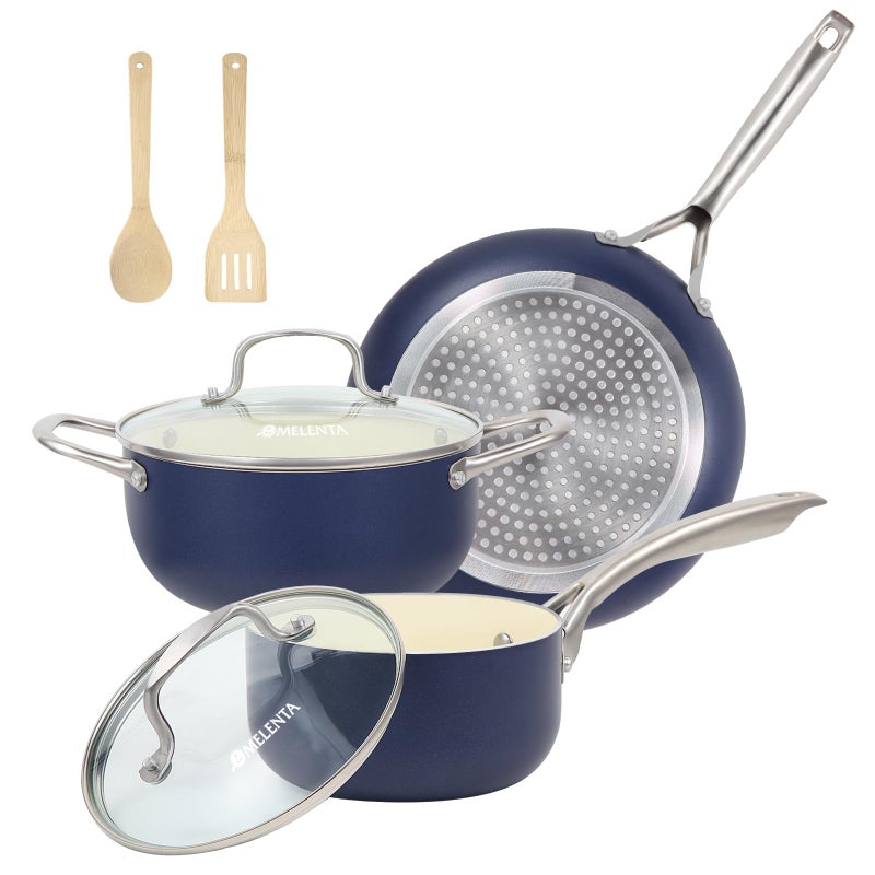 M MELENTA Pots and Pans Set, 7 Piece Nonstick Ceramic Cookware Set, Kitchen Induction Cookware Sets, Pots and Pans Non Stick with Oven Safe Handle, 100% PFOA Free, Blue - Image 1