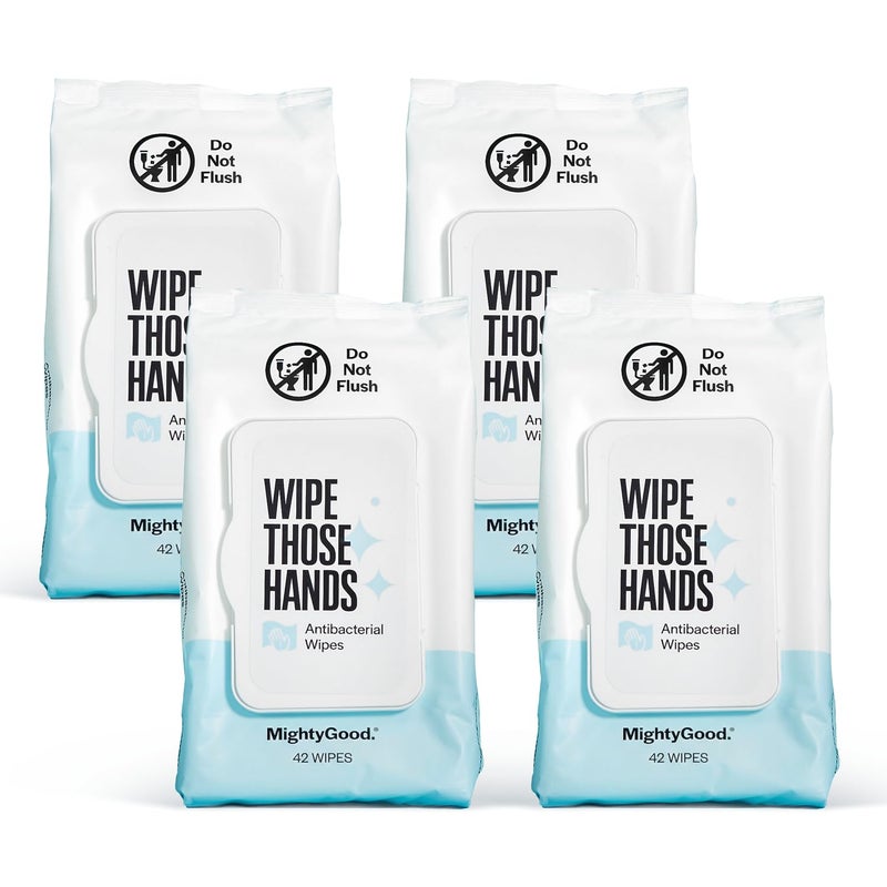 MightyGood. Wipe Those Hands Sanitizing Wipes - 4 Packs of 42, 168 Total Wipes - Alcohol & Fragrance-Free - Kills Germs Fast - Image 1