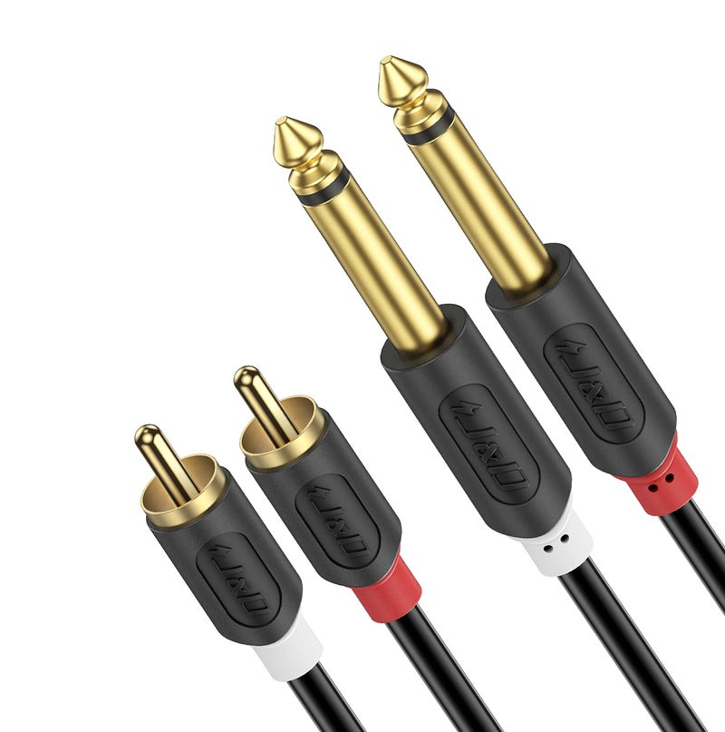 J&D Dual 1/4 inch TS to Dual RCA Stereo Audio Interconnect Cable, Gold Plated Audiowave Series 2 x 6.35 mm Male TS to 2 RCA Male PVC Shelled Adapter Cable, 3 Feet - Image 1