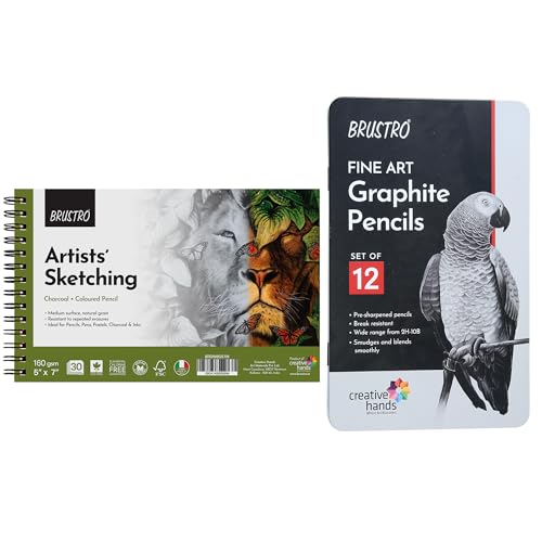 Brustro Drawing & Sketching Wiro Pad,5x7 inches,160 GSM,30 Sheets with Graphite Pencil Set of 12 (10B–2H) Tin Box. Sketch and Gift - Image 1