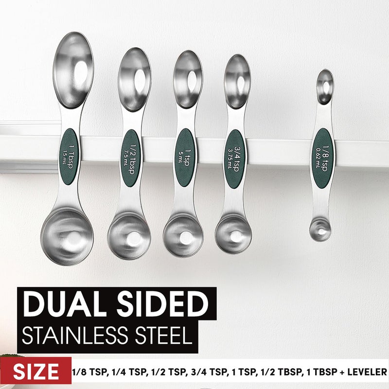 Spring Chef Stainless Steel Magnetic Measuring Spoons Set of 8 with Leveler, Stackable Magnetic Teaspoon & Tablespoon Set, Metal Kitchen Gadgets for Baking & Cooking, Fits in Spice Jars - Pine Green - Image 3