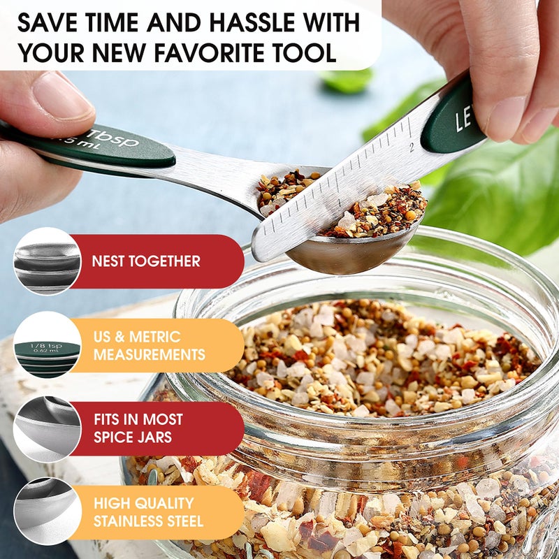 Spring Chef Stainless Steel Magnetic Measuring Spoons Set of 8 with Leveler, Stackable Magnetic Teaspoon & Tablespoon Set, Metal Kitchen Gadgets for Baking & Cooking, Fits in Spice Jars - Pine Green - Image 5