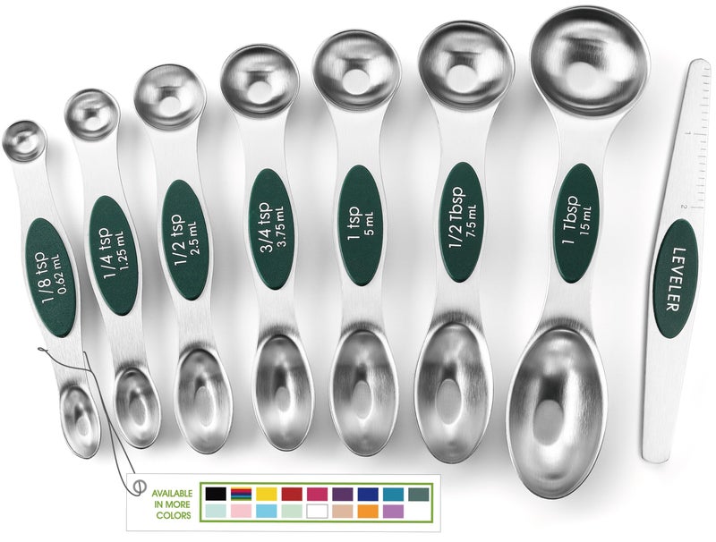 Spring Chef Stainless Steel Magnetic Measuring Spoons Set of 8 with Leveler, Stackable Magnetic Teaspoon & Tablespoon Set, Metal Kitchen Gadgets for Baking & Cooking, Fits in Spice Jars - Pine Green - Image 1