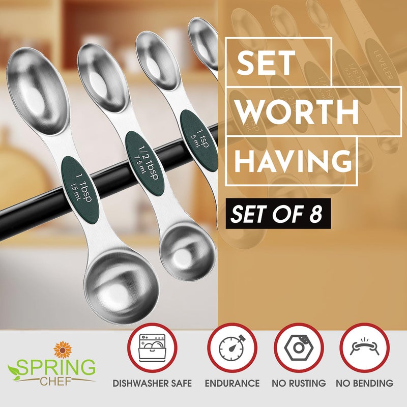 Spring Chef Stainless Steel Magnetic Measuring Spoons Set of 8 with Leveler, Stackable Magnetic Teaspoon & Tablespoon Set, Metal Kitchen Gadgets for Baking & Cooking, Fits in Spice Jars - Pine Green - Image 2