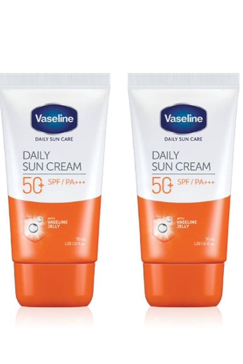 Vaseline Daily Sun Cream With SPF 50 Lightweight Sun Protection Sunscreen with Vaseline Jelly Non-Sticky & Matte Finish Formula Brightens & Moisturizes Skin 2Pcs 2*50 ml