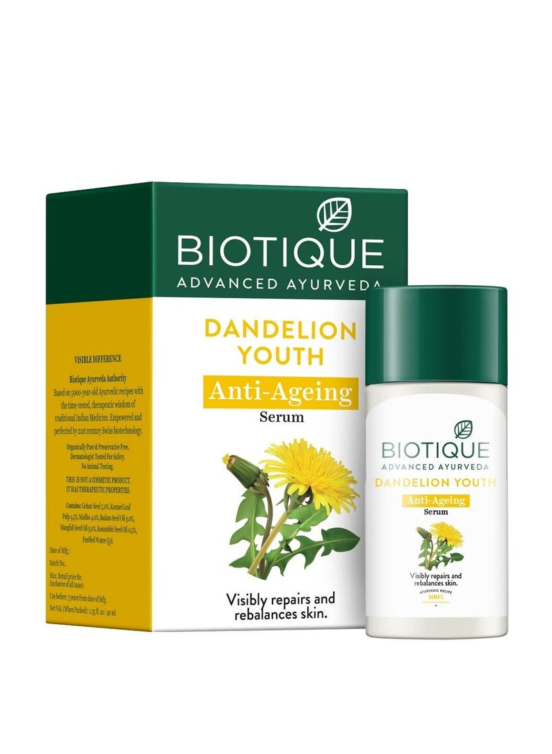 Biotique Dandelion Youth Anti Ageing Serum Ayurvedic and Organically Pure Anti Ageing Serum for Men & Women Reduces Fine Lines & Wrinkles 100%  - Image 1