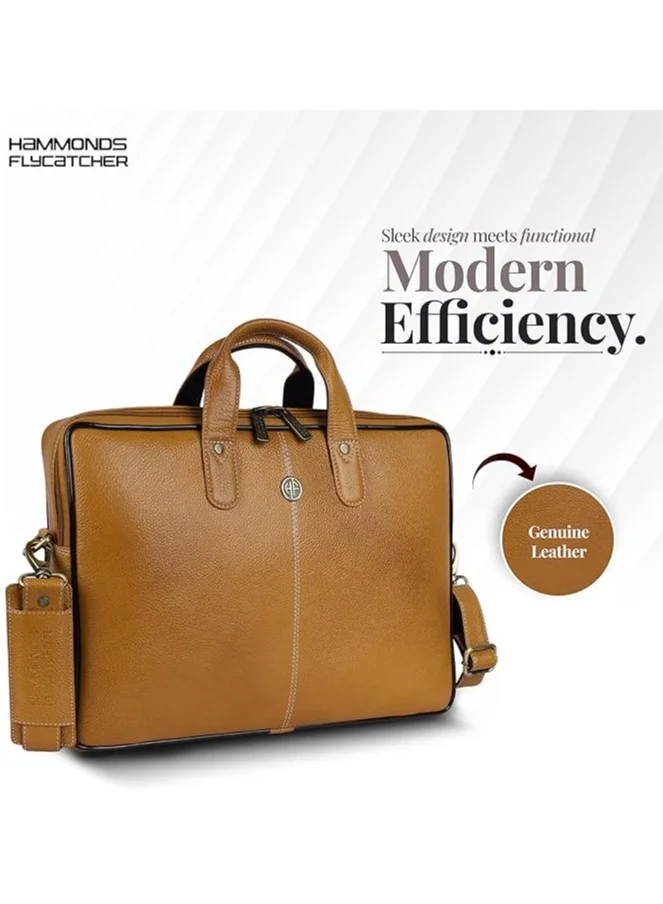 HAMMONDS FLYCATCHER Genuine Leather Office Bag for Men - 15.6 Inch Laptop Bag for Men, Professional Leather Bag for Men - Adjustable Straps and Multiple Compartments-Mango
