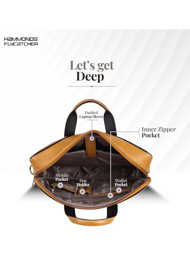 HAMMONDS FLYCATCHER Genuine Leather Office Bag for Men - 15.6 Inch Laptop Bag for Men, Professional Leather Bag for Men - Adjustable Straps and Multiple Compartments-Mango