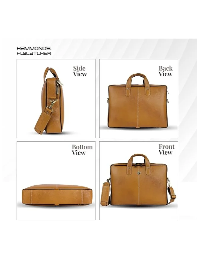 HAMMONDS FLYCATCHER Genuine Leather Office Bag for Men - 15.6 Inch Laptop Bag for Men, Professional Leather Bag for Men - Adjustable Straps and Multiple Compartments-Mango